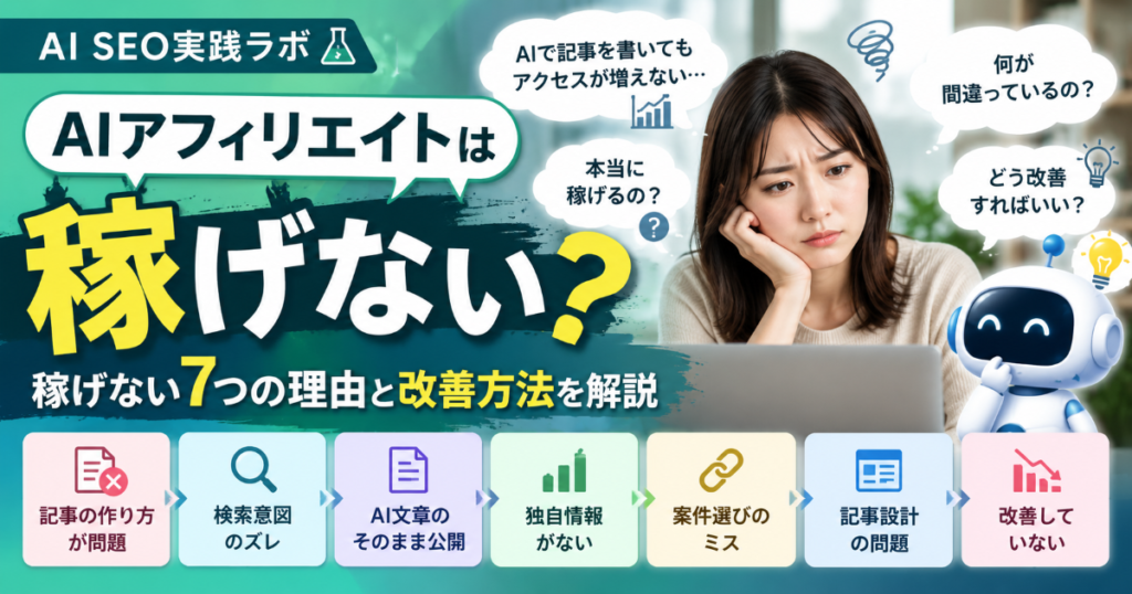 AIアフィリエイトが稼げない7つの理由と改善方法を解説するAI SEO実践ラボのアイキャッチ画像