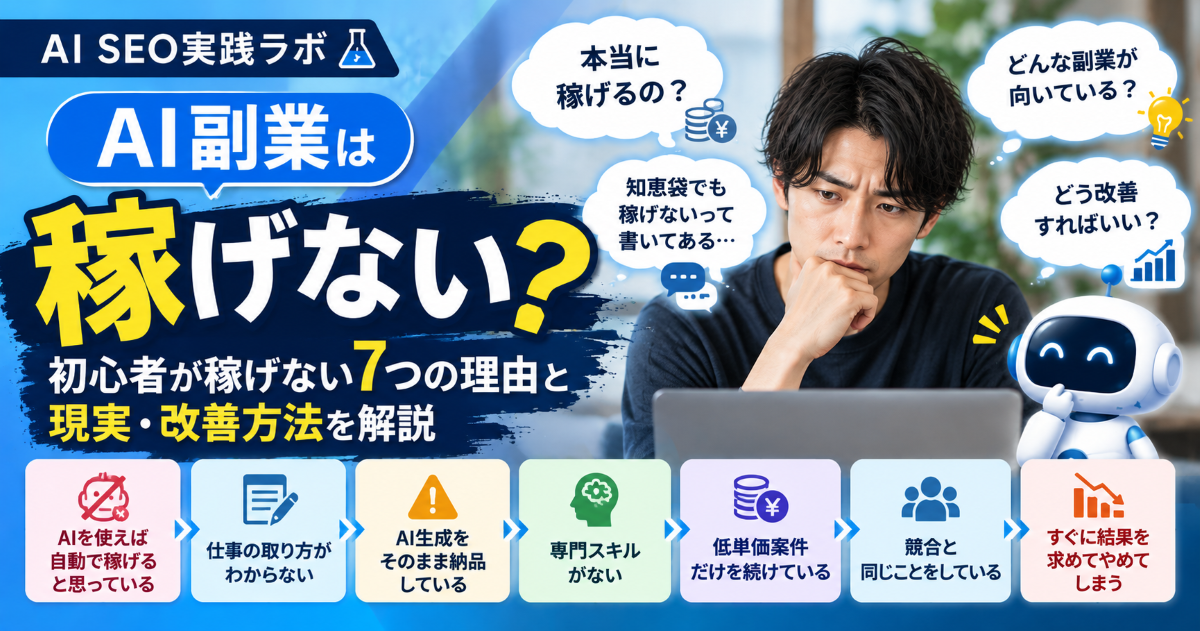 AI副業は稼げない？初心者が稼げない7つの理由と現実・改善方法を解説するAI SEO実践ラボのアイキャッチ画像