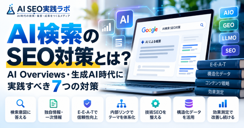 AI検索のSEO対策とAI Overviews・生成AI時代に実践すべき7つの対策を解説するAI SEO実践ラボのアイキャッチ画像